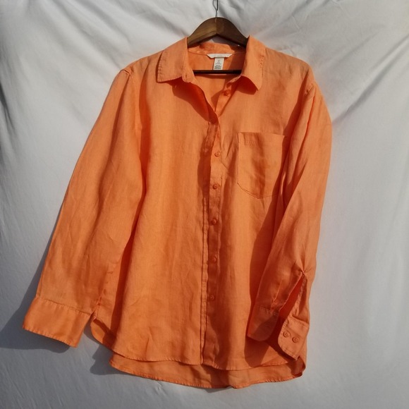 H&M Womens Large Linen Melon Long Sleeve Button Down 100% Linen Lagenlook - Picture 1 of 7